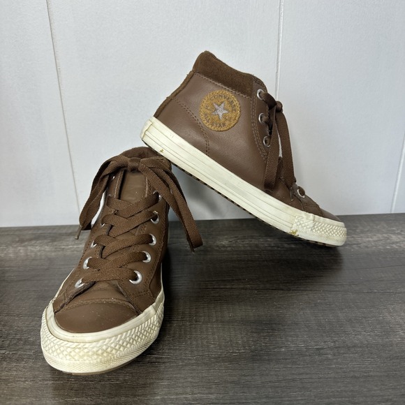 Juniors Converse All Star Chuck‎ Taylor Size 4 Brown Leather High Top Sneakers - Picture 1 of 5